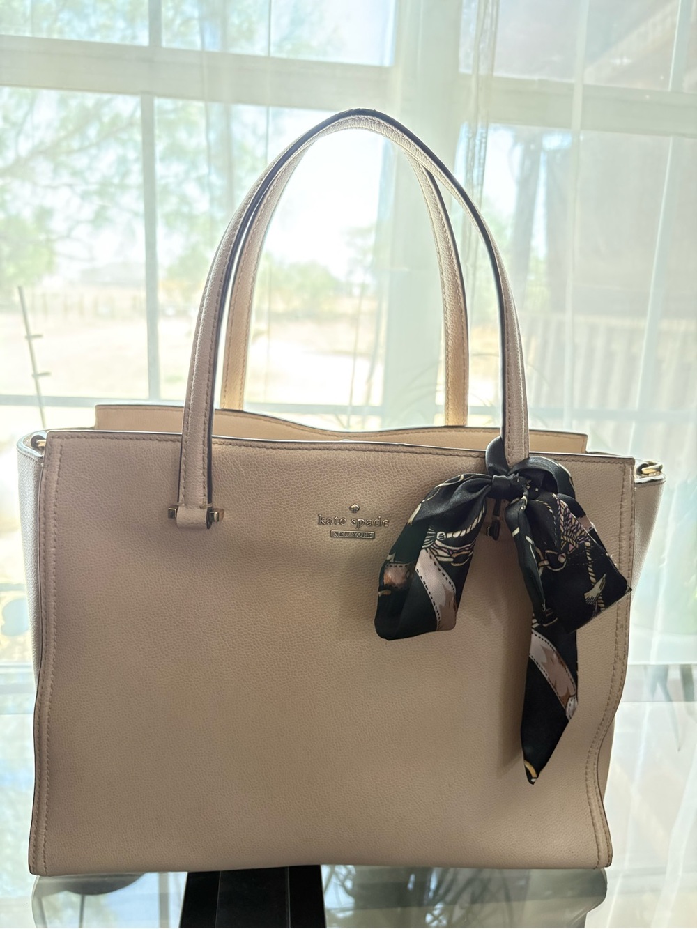 kate spade cream leather tote with patterned scarf